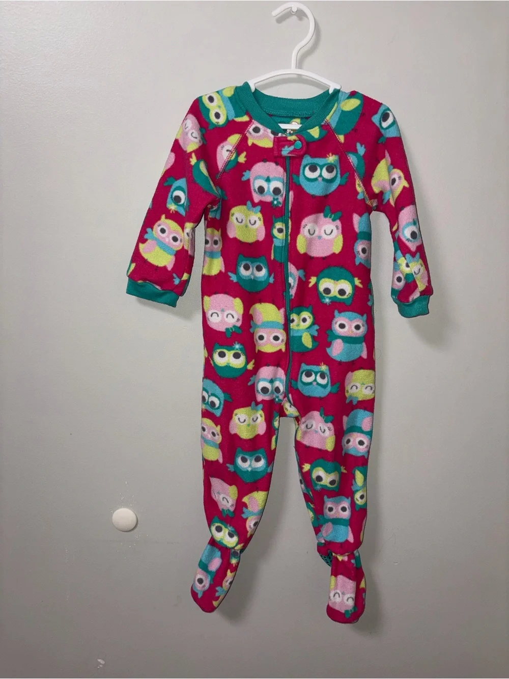 The Children’s Place Fleece Pink Teal Owl Print Zip Footie 18-24M